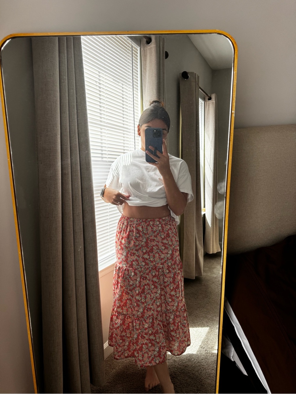 LOFT Red Floral Tiered Midi Skirt